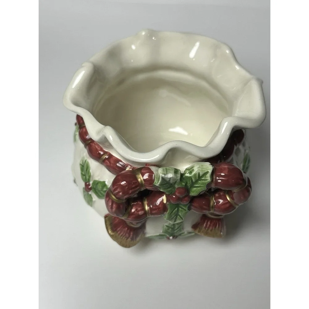Fitz & Floyd Deck The Halls Christmas Potpourri‎ Bowl Dish Holly Bow Decoration